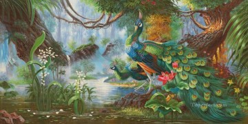 Peacocks in Blossom Forest Flowers Trees birds Oil Paintings